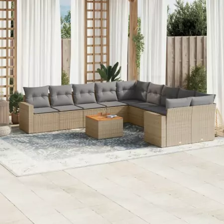 Set Divani da Giardino 11 pz con Cuscini Beige in Polyrattan