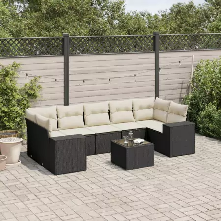 Set Divani da Giardino con Cuscini 8 pz Nero in Polyrattan