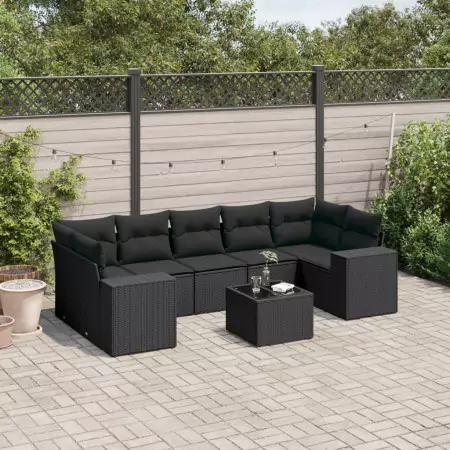 Set Divani da Giardino con Cuscini 8 pz Nero in Polyrattan