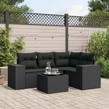 Set Divani da Giardino 5 pz con Cuscini in Polyrattan Nero