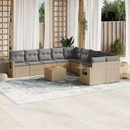 Set Divani da Giardino 11 pz con Cuscini Beige in Polyrattan