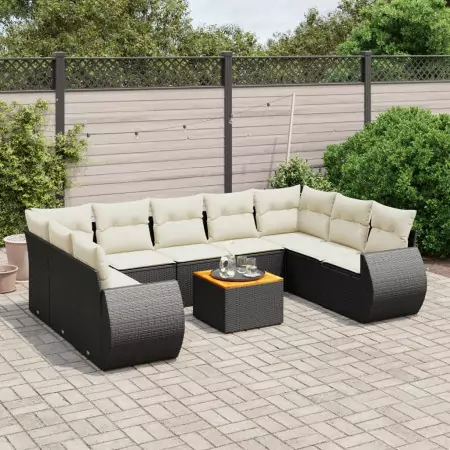 Set Divani da Giardino 10pz con Cuscini in Polyrattan Nero