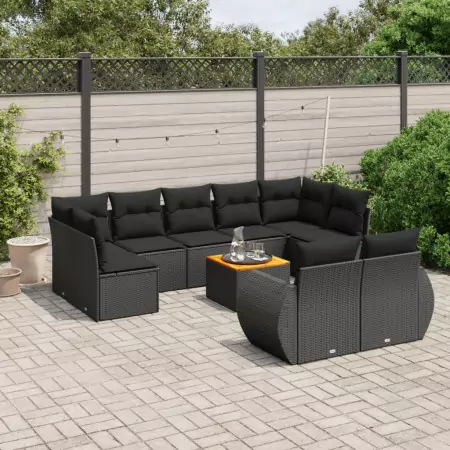 Set Divani da Giardino 10pz con Cuscini in Polyrattan Nero