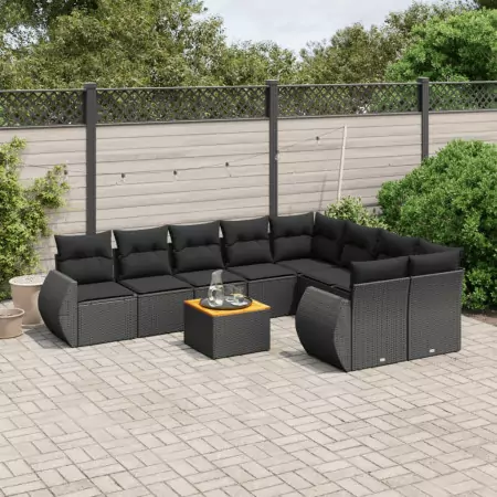 Set Divani da Giardino 10pz con Cuscini in Polyrattan Nero