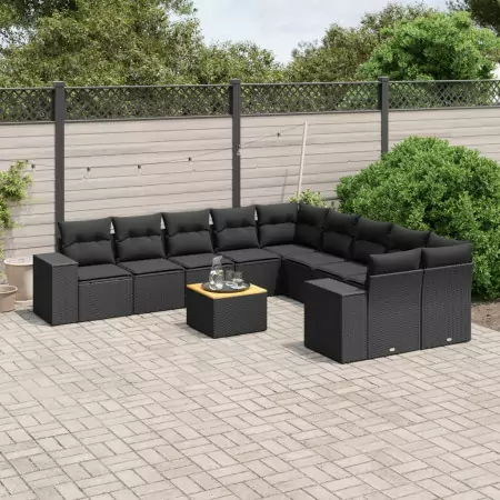 Set Divani da Giardino 11 pz con Cuscini in Polyrattan Nero