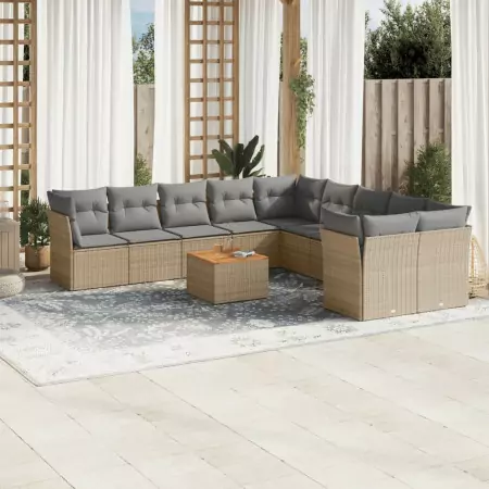 Set Divano da Giardino 11 pz con Cuscini Beige Misto Polyrattan