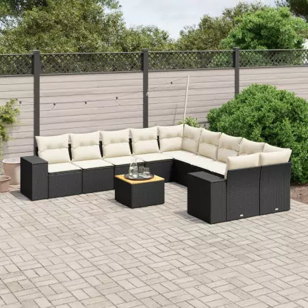 Set Divani da Giardino 11 pz con Cuscini in Polyrattan Nero