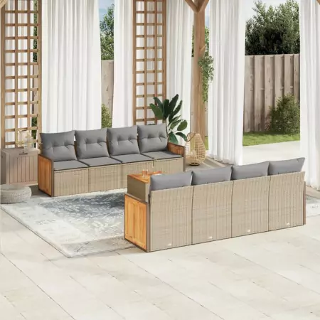 Set Divano da Giardino 9 pz con Cuscini Beige in Polyrattan