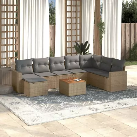 Set Divano da Giardino 9 pz con Cuscini Beige in Polyrattan