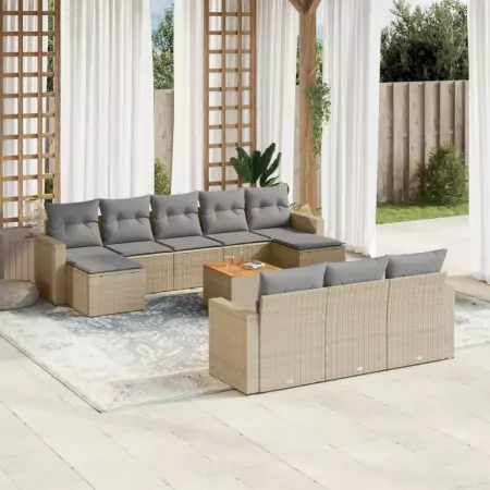 Set Divani da Giardino 11 pz con Cuscini Beige in Polyrattan