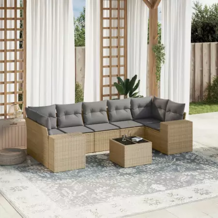 Set Divano da Giardino 8 pz con Cuscini Beige in Polyrattan