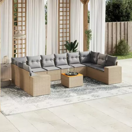 Set Divani da Giardino 11 pz con Cuscini Beige in Polyrattan