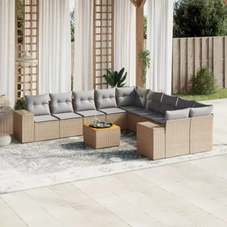 Set Divani da Giardino 11 pz con Cuscini Beige in Polyrattan