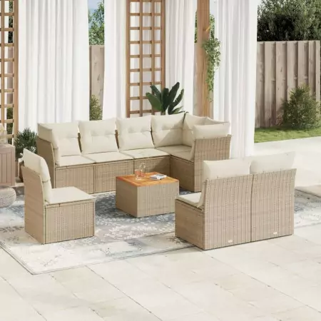 Set Divano da Giardino 9 pz con Cuscini Beige in Polyrattan