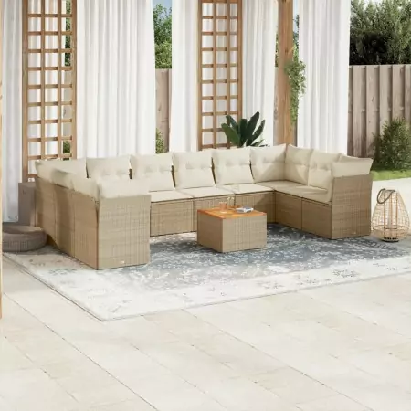 Set Divani da Giardino 11 pz con Cuscini Beige in Polyrattan