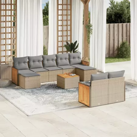 Set Divano da Giardino 10 pz con Cuscini Beige in Polyrattan