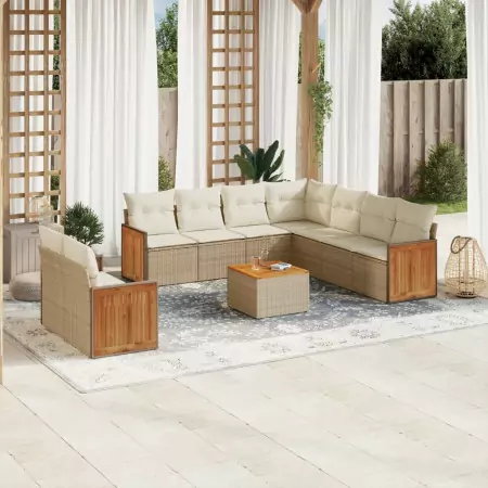 Set Divano da Giardino 10 pz con Cuscini Beige in Polyrattan