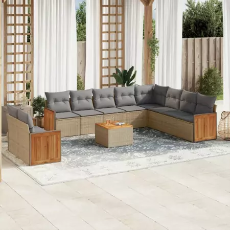 Set Divani da Giardino 11 pz con Cuscini Beige in Polyrattan