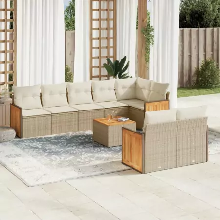 Set Divano da Giardino 9 pz con Cuscini Beige in Polyrattan