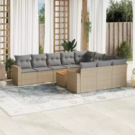 Set Divani da Giardino 11 pz con Cuscini Beige in Polyrattan