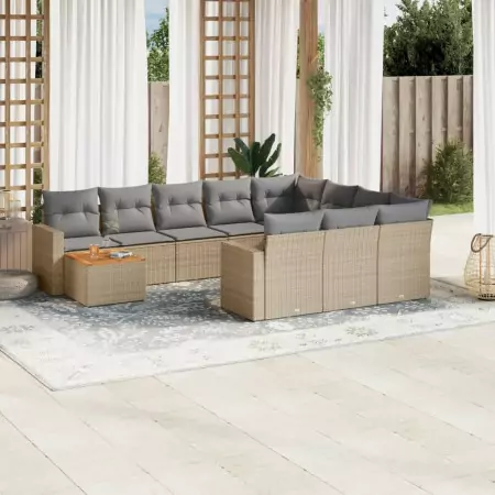 Set Divani da Giardino 11 pz con Cuscini Beige in Polyrattan