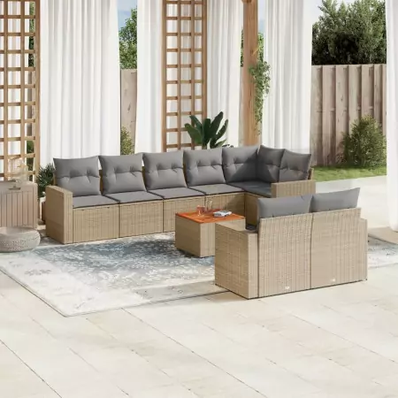 Set Divano da Giardino 9 pz con Cuscini Beige in Polyrattan