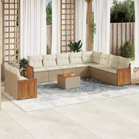 Set Divani da Giardino 11 pz con Cuscini Beige in Polyrattan