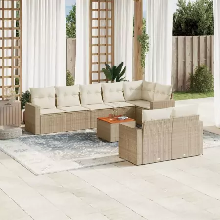 Set Divano da Giardino 9 pz con Cuscini Beige in Polyrattan