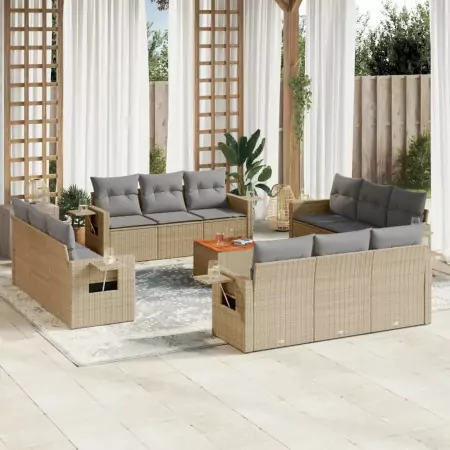 Set Divano da Giardino 13 pz con Cuscini Beige Misto Polyrattan