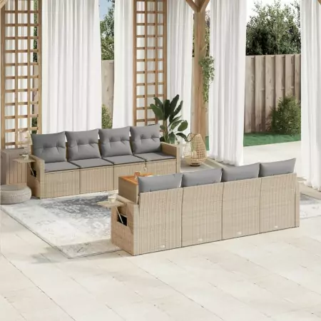 Set Divano da Giardino 9 pz con Cuscini Beige Misto Polyrattan