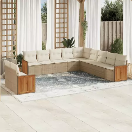 Set Divani da Giardino 11 pz con Cuscini Beige in Polyrattan