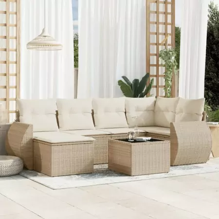 Set Divani da Giardino 7 pz con Cuscini Beige in Polyrattan