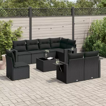 Set Divani da Giardino 9 pz con Cuscini Nero in Polyrattan