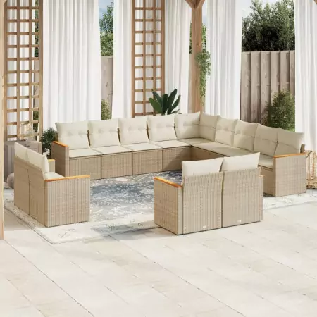 Set Divano da Giardino 13 pz con Cuscini Beige in Polyrattan