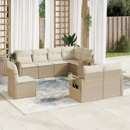 Set Divano da Giardino 8 pz con Cuscini Beige in Polyrattan