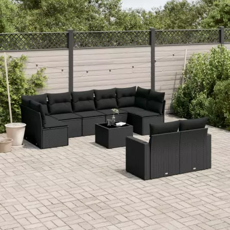 Set Divani da Giardino 10pz con Cuscini in Polyrattan Nero