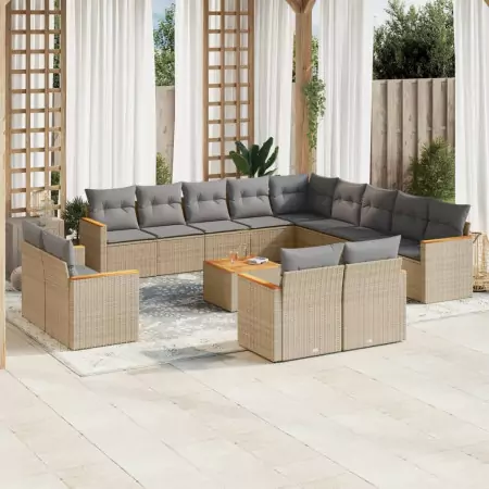 Set Divani da Giardino 14pz con Cuscini in Polyrattan Beige