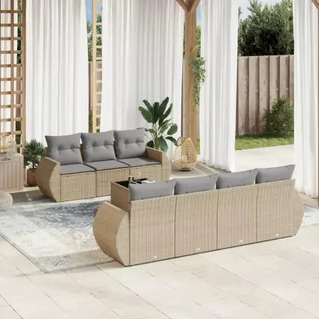 Set Divano da Giardino 8 pz con Cuscini Beige in Polyrattan