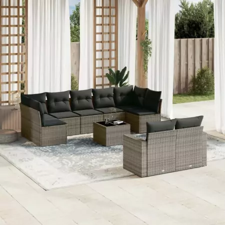 Set Divano da Giardino 10 pz con Cuscini Grigio in Polyrattan