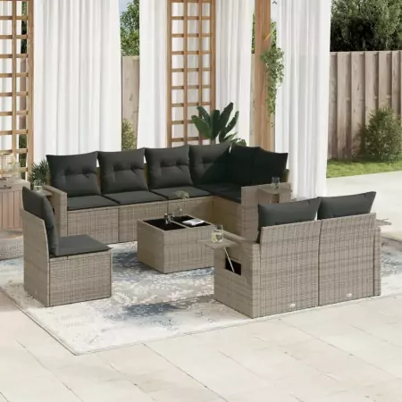 Set Divano da Giardino 9 pz con Cuscini Grigio in Polyrattan