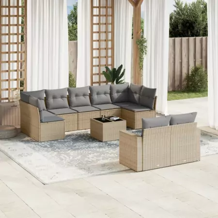 Set Divano da Giardino 10 pz con Cuscini Beige in Polyrattan