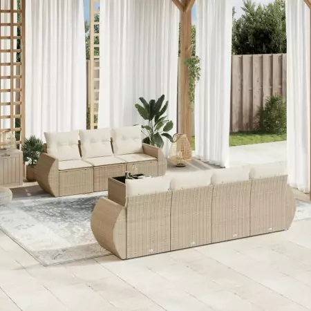 Set Divano da Giardino 8 pz con Cuscini Beige in Polyrattan