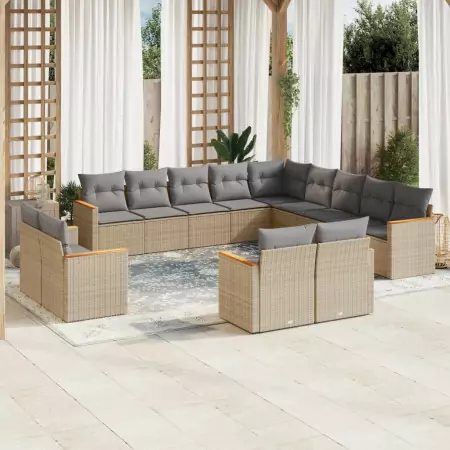 Set Divano da Giardino 13 pz con Cuscini Beige in Polyrattan