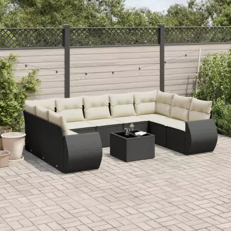 Set Divani da Giardino 10pz con Cuscini in Polyrattan Nero