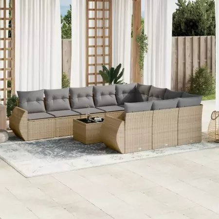 Set Divani da Giardino 11 pz con Cuscini Beige in Polyrattan