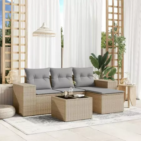 Set Divano da Giardino 5 pz con Cuscini Beige in Polyrattan