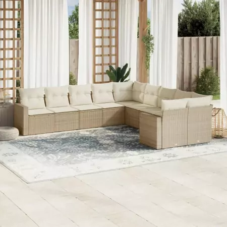 Set Divano da Giardino 10 pz con Cuscini Beige in Polyrattan