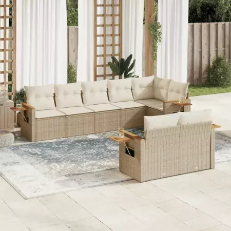 Set Divano da Giardino 8 pz con Cuscini Beige in Polyrattan