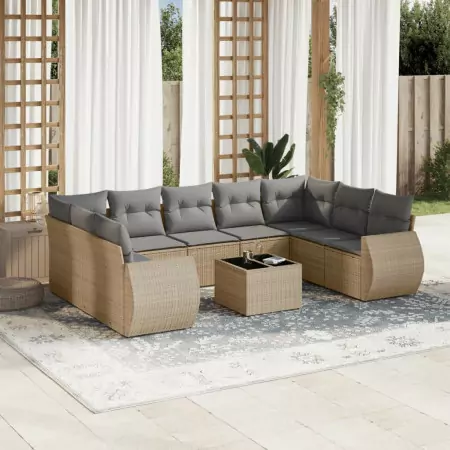 Set Divano da Giardino 10 pz con Cuscini Beige in Polyrattan