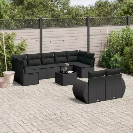 Set Divani da Giardino 10pz con Cuscini in Polyrattan Nero